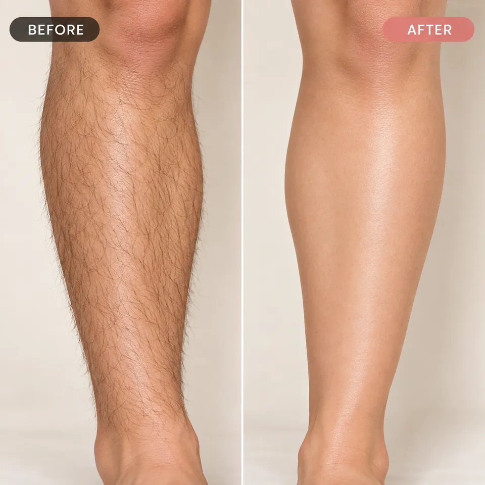 Before and after: a hairy leg next to a smooth, hair-free leg