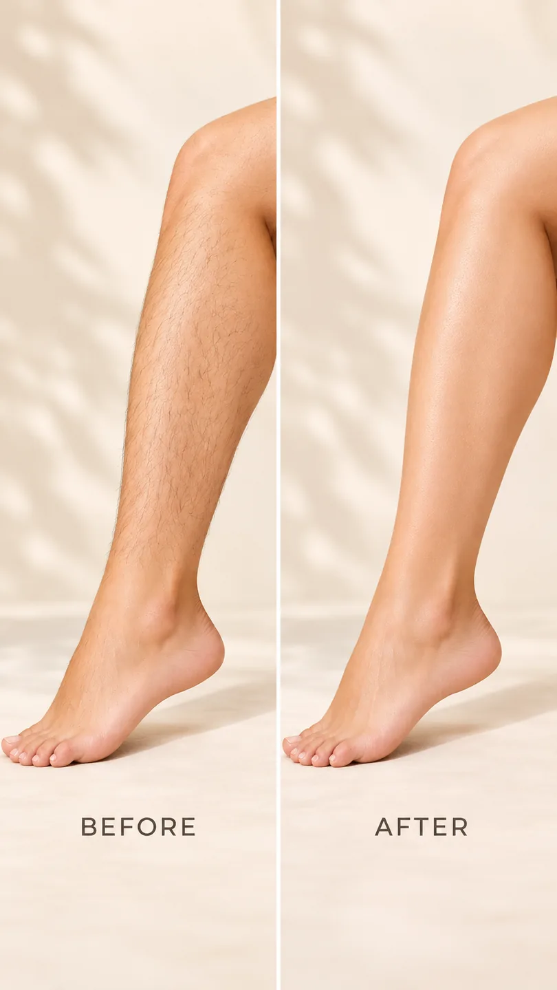 Before and after: a hairy leg next to a smooth, hair-free leg