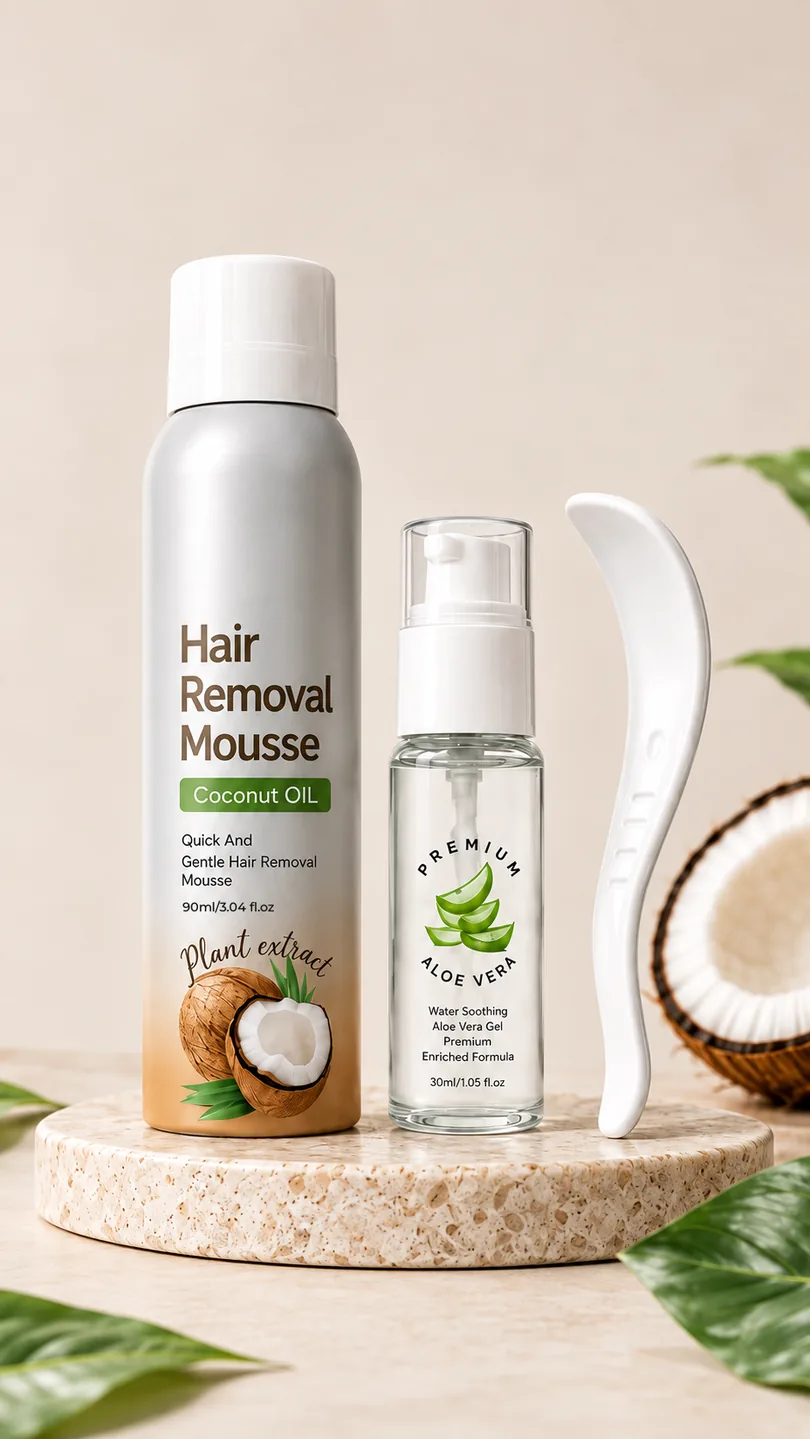 Coconut oil hair removal mousse (90 ml), aloe vera gel and scraper